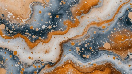 Vibrant abstract marbled background featuring dynamic patterns of blue, orange, and white with artistic spotty textures and flowing designs.