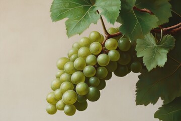 Obraz premium A close-up of a fresh cluster of green grapes attached to a stem, with vibrant green leaves, displayed on a smooth, neutral beige background to emphasize natural freshness.