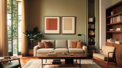 Fototapeta premium Cozy Retro Townhouse Living Room with Vintage Decor and Warm Color Palette