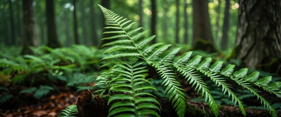 Close up view of a lush green fern leaf in a serene forest setting surrounded by vibrant foliage and soft natural light