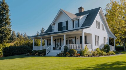 Traditional Farmhouse with Wraparound Porch Surrounded by Lush Greenery and Blue Sky