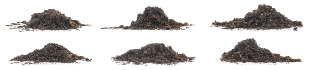 set pile peat moss soil isolated on a white background. texture dirt in flowerpots for tree flower....
