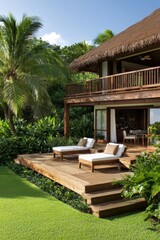 Tropical Balcony with Palm Trees and Thatched Roof in a Lush Green Environment