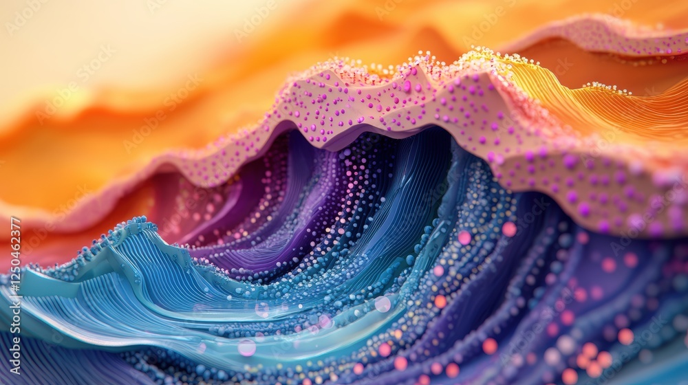 Poster close-up view of vibrant wave pattern with blue and orange hues creating fluid motion in a dynamic a
