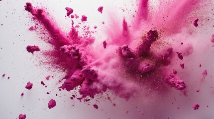 Colorful explosion of pink powder creating an artistic abstract background with dynamic textures and vibrant hues on a white surface.