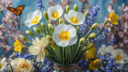 Spring flowers bouquet featuring primroses and butterflies in a vibrant floral setting with a soft blue background.