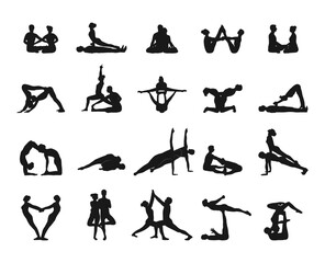 Yoga for two. Collection of yoga poses. Yoga for partners on a white background. Silhouettes