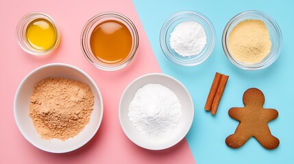 Baking ingredients for christmas holiday traditional gingerbread cookies isolated on a colorful background