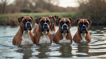 A playful group of boxer dogs wading through water with a serene natural backdrop and ample space for text or branding.