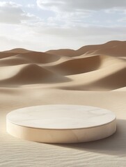 Circular product display podium in the desert with smooth sand dunes in the background, providing a wide sense of space for product display
