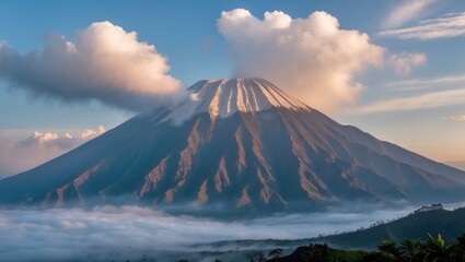 Majestic view of Mount Bromo in the morning light surrounded by clouds and picturesque landscape showcasing nature's beauty.