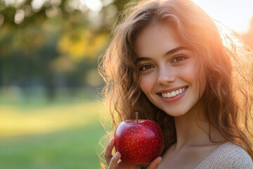 Young girl holding an apple, standing in a lush orchard with sunlight filtering through the branches.