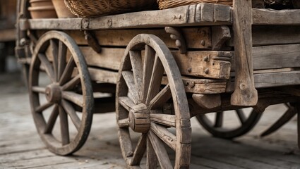 Fototapeta premium Vintage wooden cart closeup showcasing rustic craftsmanship and aged texture, ideal for historical or agricultural themes in photography.
