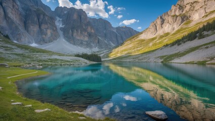 Fototapeta premium Majestic Alpine Lake Surrounded by Mountains and Lush Greenery Under a Clear Blue Sky in a Natural Park Setting