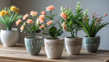 Decorative Artificial Potted Plants in Stylish Flower Pots on a Wooden Surface for Home or Office Decor