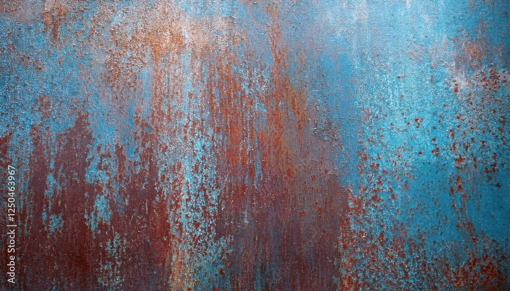 Poster weathered metal surface with oxidized rust texture and vibrant blue patina for abstract background