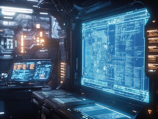Futuristic Control Room Interface with Holographic Displays and Advanced Technology