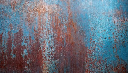 weathered metal surface with oxidized rust texture and vibrant blue patina for abstract background