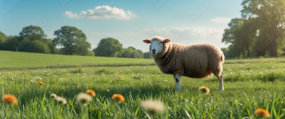Wall mural sheep grazing in a lush summer field with clear sky and space for text overlay.