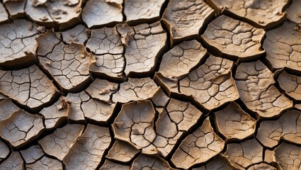Close-up of cracked mud texture showcasing earthy tones and intricate patterns in a natural landscape. Ideal for eco-friendly themes.