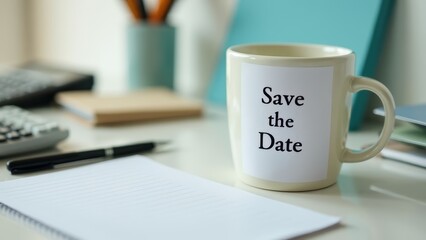 Desk Scene Featuring a Mug with 'Save the Date' Message for Planning