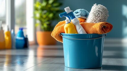 Brightly colored bucket filled with cleaning supplies and towels rests on a clean, shiny floor. Natural light pours in from large windows, enhancing the fresh atmosphere of the room