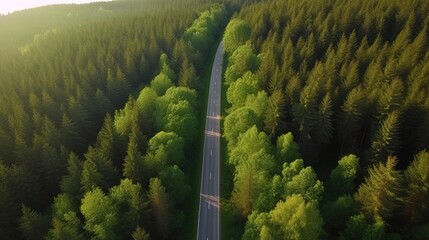 Aerial top view forest tree with car ecosystem environment concept Countryside road passing through the green forrest and mountain.