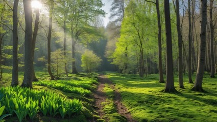 Obraz premium Spring Forest Scene with Lush Greenery Sunlight Illuminating a Tranquil Path Surrounded by Deciduous Trees and Conifers on Mossy Ground
