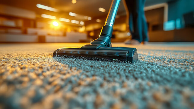 A man cleans a carpet with a vacuum cleaner