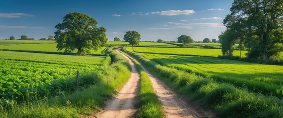A Serene Dirt Path Curving Through Lush Green Fields Under A Bright Blue Sky Inviting Peaceful Rural Landscape With Copy Space For Text