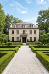 Obraz premium Elegant High-End Residential Exterior Featuring Double Garage and Lush Green Landscaping