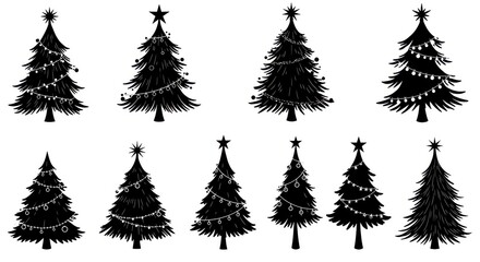 Obraz premium Christmas trees, silhouettes, variety of decorations, star toppers, garlands, ornaments, festive, holiday icons, black and white, minimalist design, vector graphics