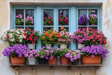Colorful flowers in pots fill a light blue window box