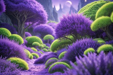 Enchanting Fantasy Landscape Filled with Vibrant Lavender and Chartreuse Hues