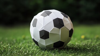 Fototapeta premium Paper Soccer Ball on Grass - Close-up of a meticulously crafted paper soccer ball resting on a lush green grass field.