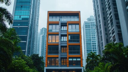 Fototapeta premium Modern High-Rise Building Featuring Stone, Wood, and Glass Architecture in Urban Setting