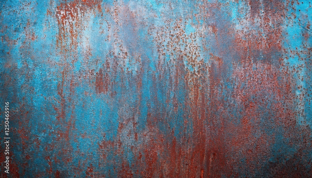 Poster weathered metal surface with oxidized rust texture and vibrant blue patina for abstract background