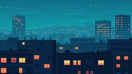 Urban Nightscape of High-Rise Buildings with Illuminated Windows Against a Dark Sky