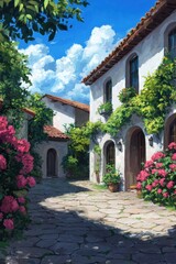 Fototapeta premium Charming Mediterranean Style Home with Lush Greenery and Vibrant Flowers in Suburban Setting