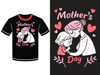 A heartwarming Mother's Day graphic design featuring a mother and child embracing, printed on a black t-shirt