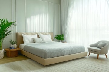 Modern bedroom with light blue and gray tones, beige bed frame, soft mattress, wooden side table, plant, and sheer curtains creating a cozy, serene atmosphere.
