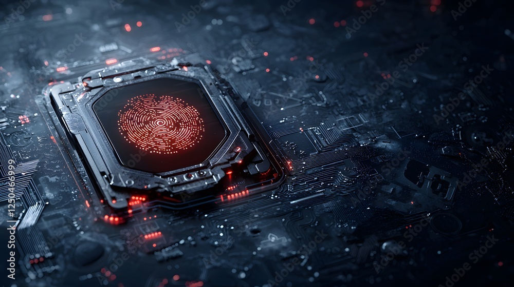 Poster futuristic glowing digital circuit board processor chip in dark space abstract technology background