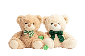 Obraz premium Sweet Companions: Two plush teddy bears, one beige and one light brown, sit side-by-side, each adorned with a charming bow tie; a four-leaf clover rests between them, adding a touch of luck and charm.