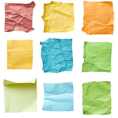 Colorful Crumpled Paper Notes: A collection of nine vibrant, crumpled paper notes in various shades of yellow, orange, green, red, and blue.