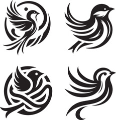 Collection of black bird tattoo designs featuring artistic tribal elements for graphic designers and illustrators