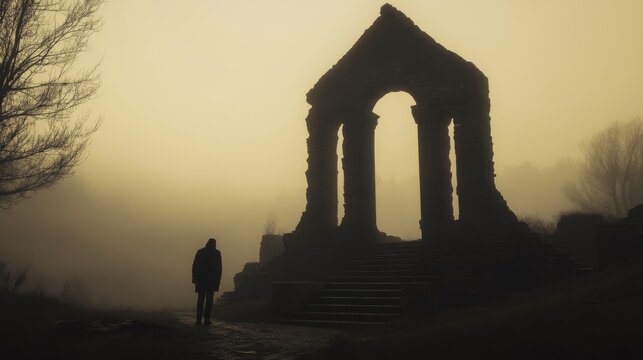 Solitary figure at misty ruins, gothic archway, autumnal background, historical mystery