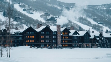 Fototapeta premium Cozy Multi-Story Log Cabin Building Surrounded by Snowy Mountains in Winter Season