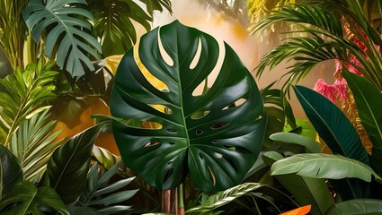 Fototapeta premium Lush Tropical Jungle with Vibrant Monstera and Exotic Green Foliage