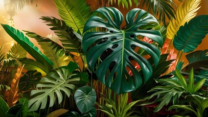 Fototapeta premium Lush Tropical Jungle with Vibrant Monstera and Exotic Green Foliage