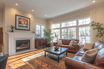 Fototapeta premium Living room with fireplace, cozy couches, and warm lighting create inviting and comfortable ambiance.